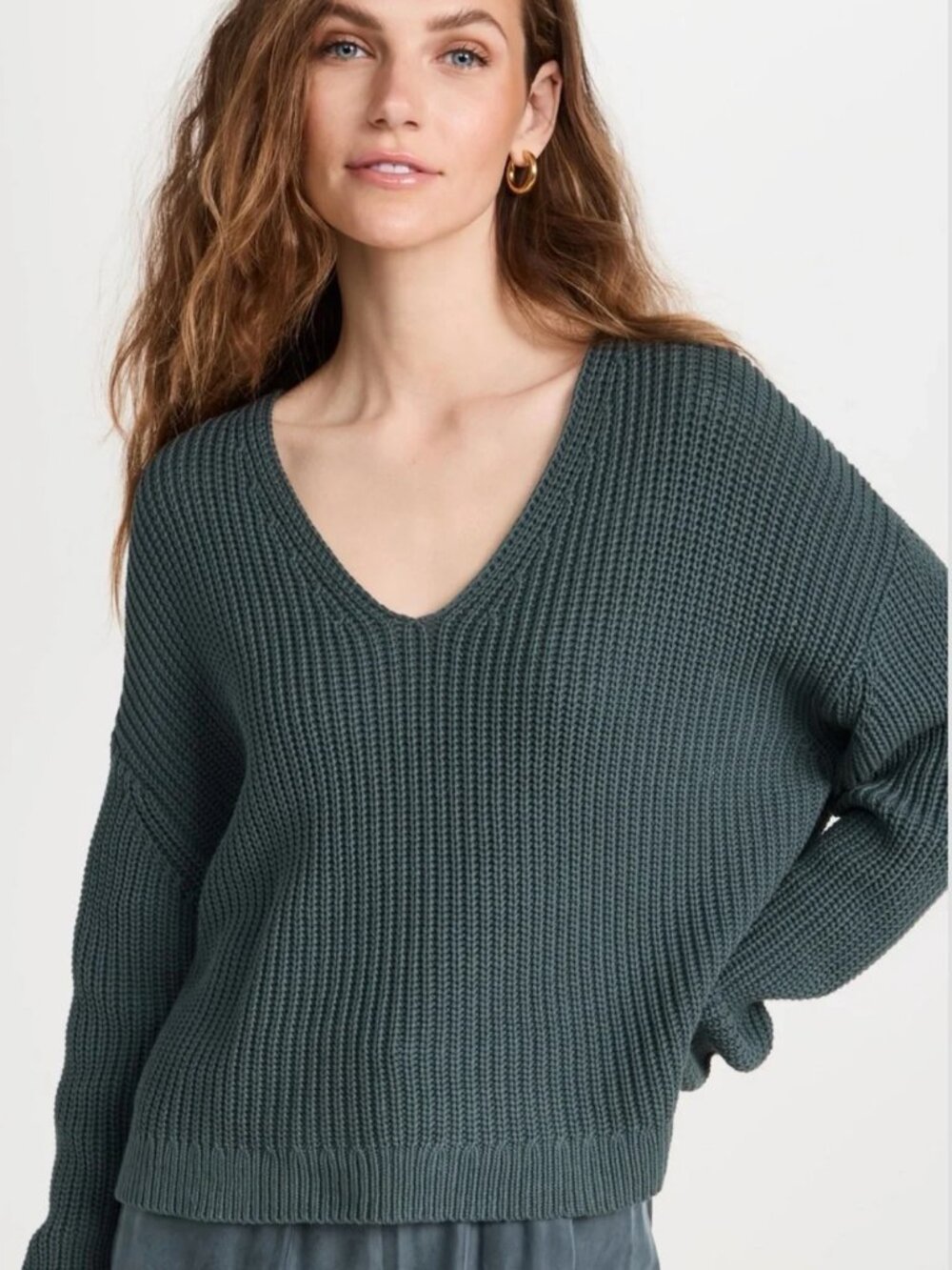 Jenni Kayne Sweater XL Green Fisherman Knit Cropped Organic Cotton Casual Fall